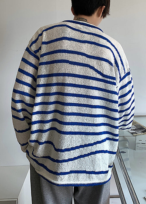 Casual Blue O-Neck Striped Cozy Knit Mens Sweaters Spring