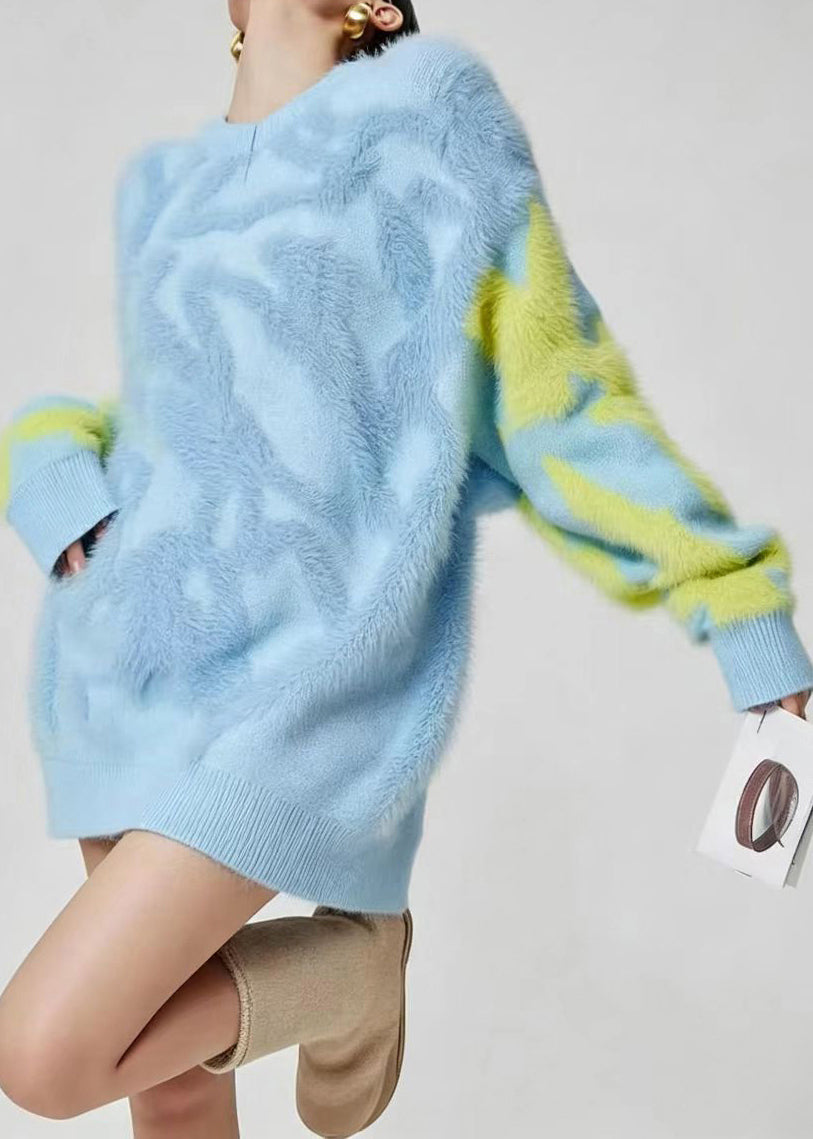 Casual Blue O-Neck Thick Sweater Tops Long Sleeve