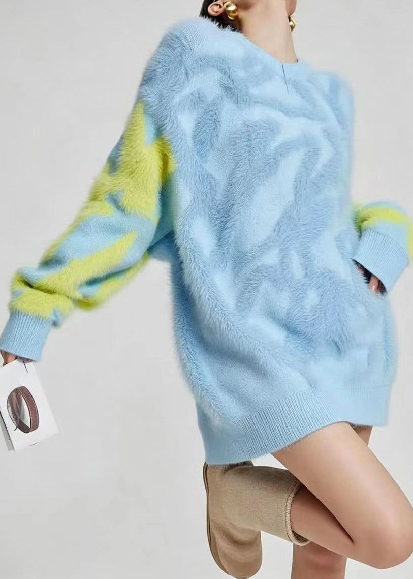 Casual Blue O-Neck Thick Sweater Tops Long Sleeve