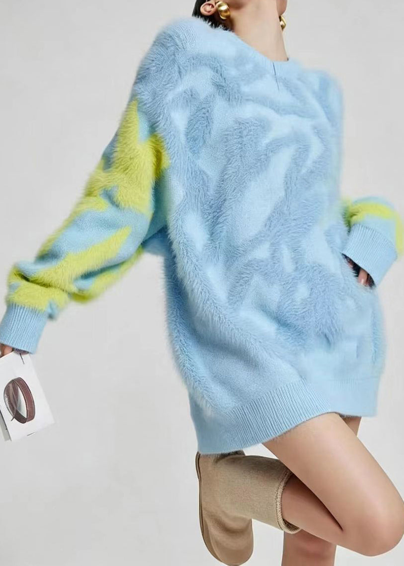 Casual Blue O-Neck Thick Sweater Tops Long Sleeve