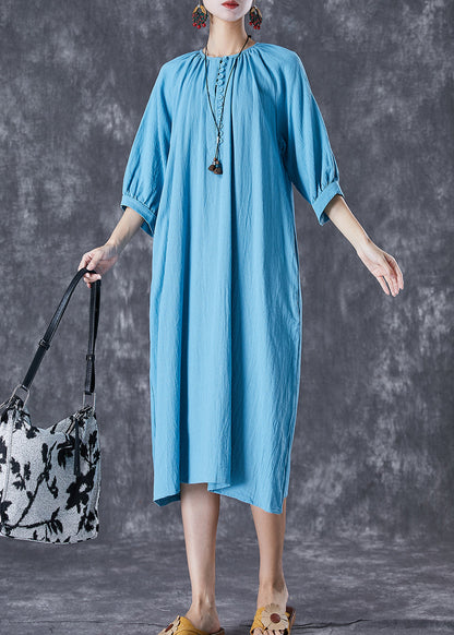 Casual Blue Oversized Button Down Linen Long Dress Bracelet Sleeve