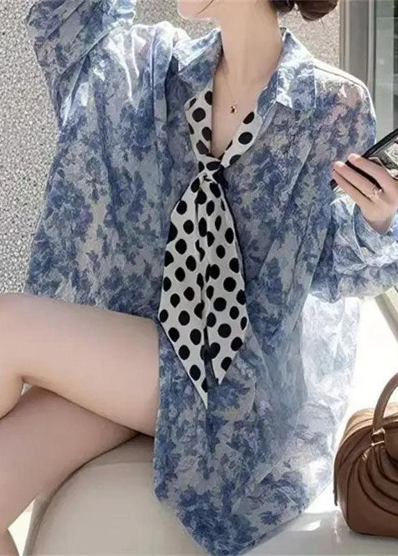 Casual Blue Oversized Print Chiffon UPF 50+ Tops Summer