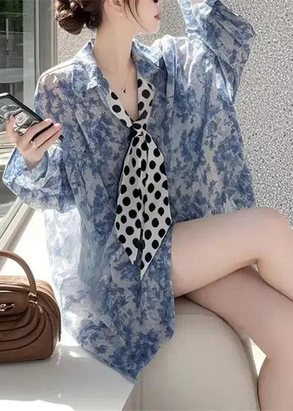 Casual Blue Oversized Print Chiffon UPF 50+ Tops Summer