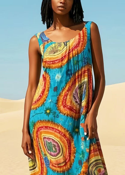 Casual Blue Oversized Print Cotton Maxi Dresses Summer