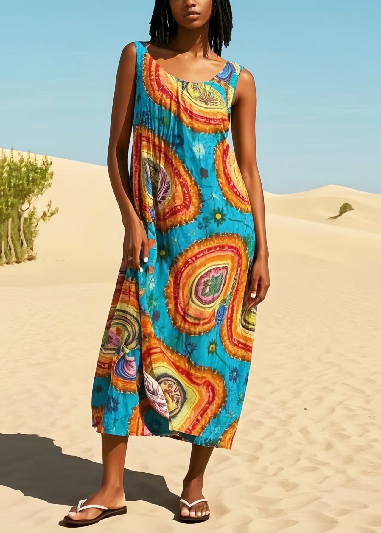 Casual Blue Oversized Print Cotton Maxi Dresses Summer
