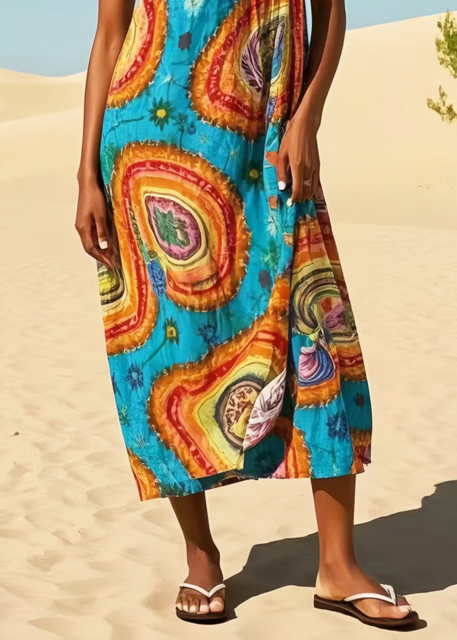 Casual Blue Oversized Print Cotton Maxi Dresses Summer