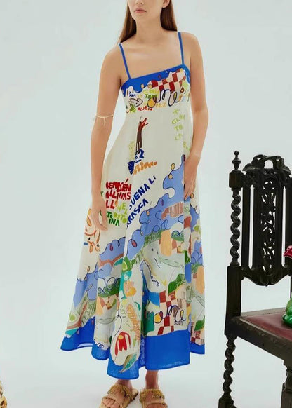 Casual Blue Patchwork Maxi Spaghetti Strap Dresses Sleeveless