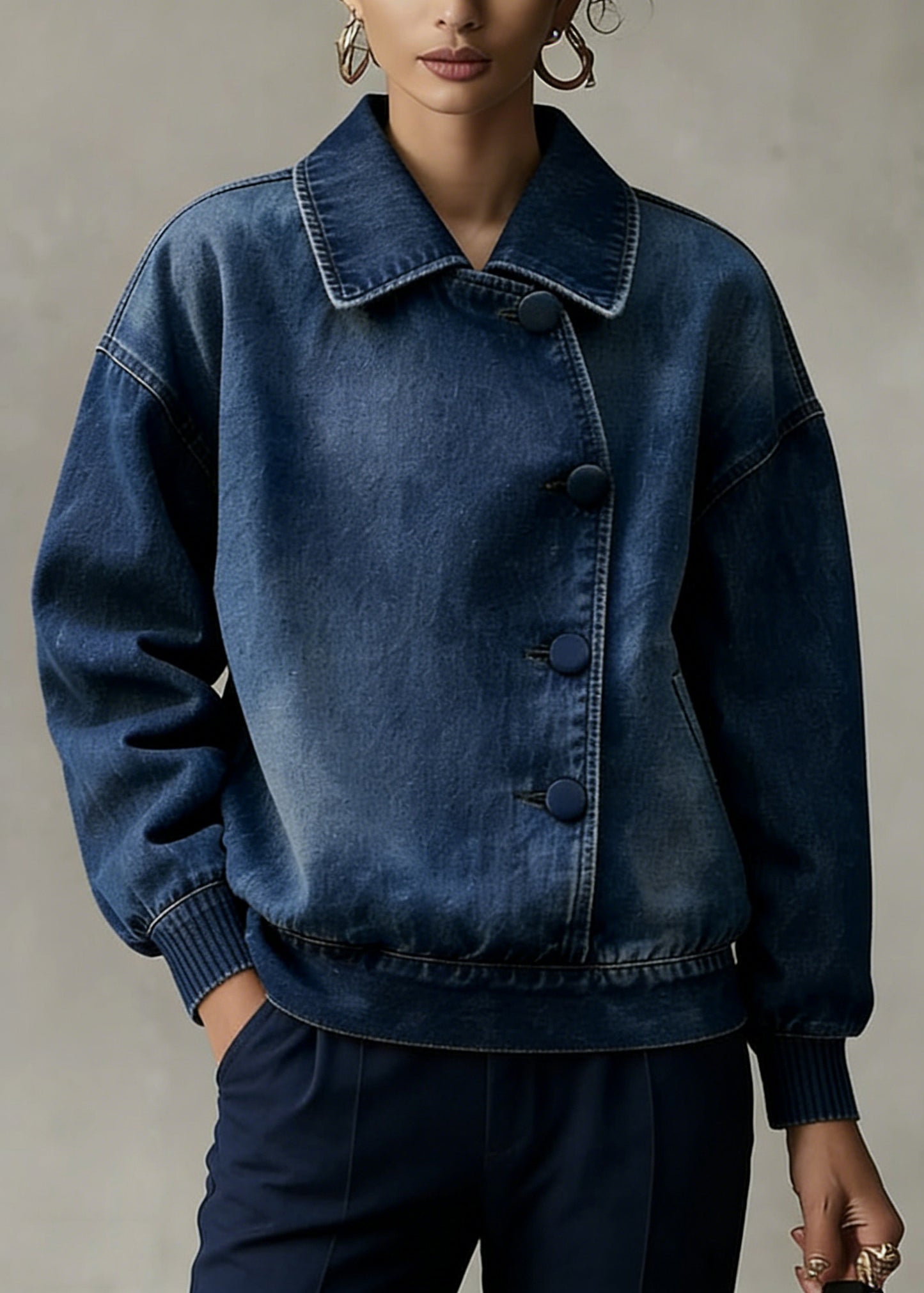 Casual Blue Peter Pan Collar Denim Coats Spring