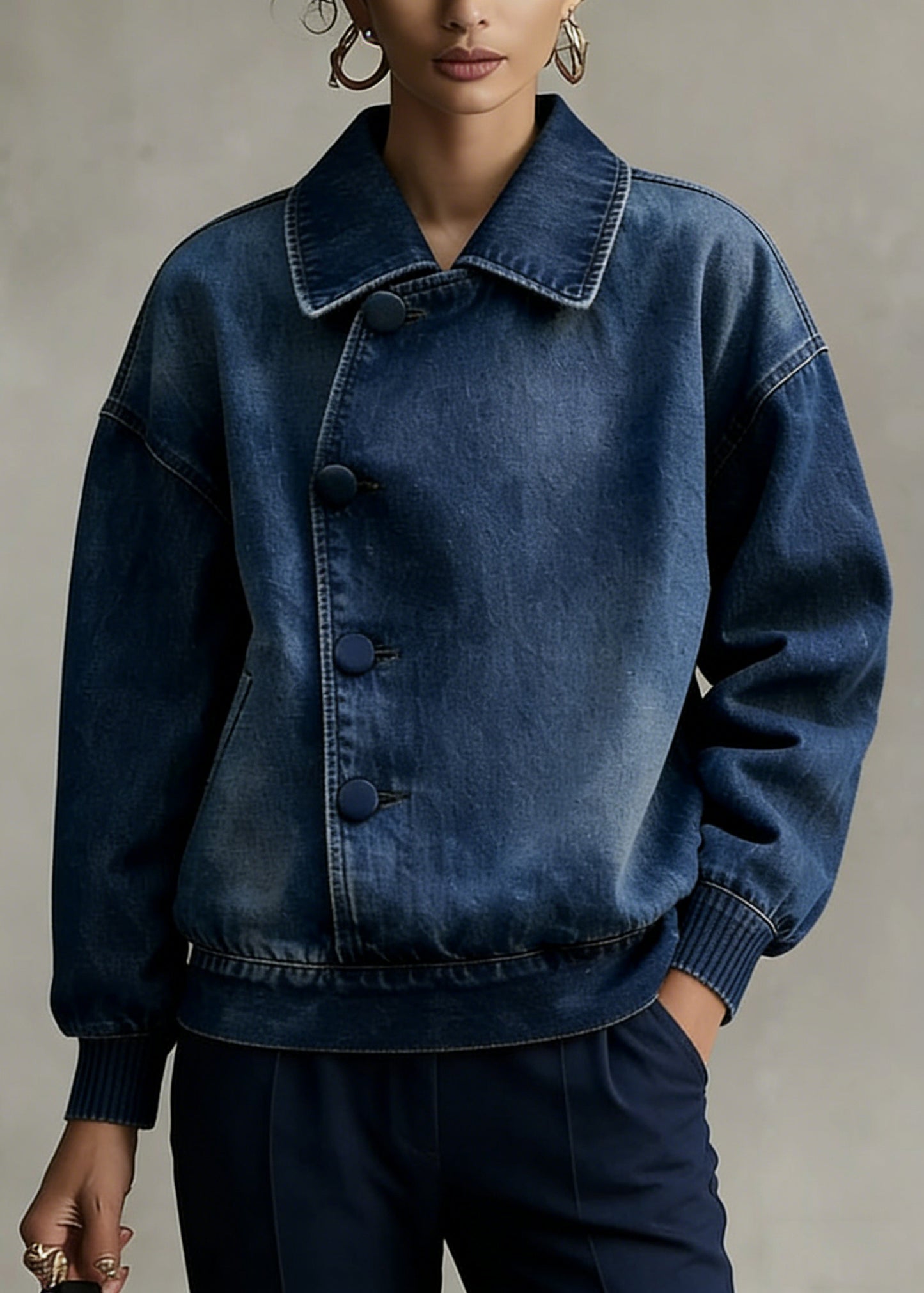 Casual Blue Peter Pan Collar Denim Coats Spring