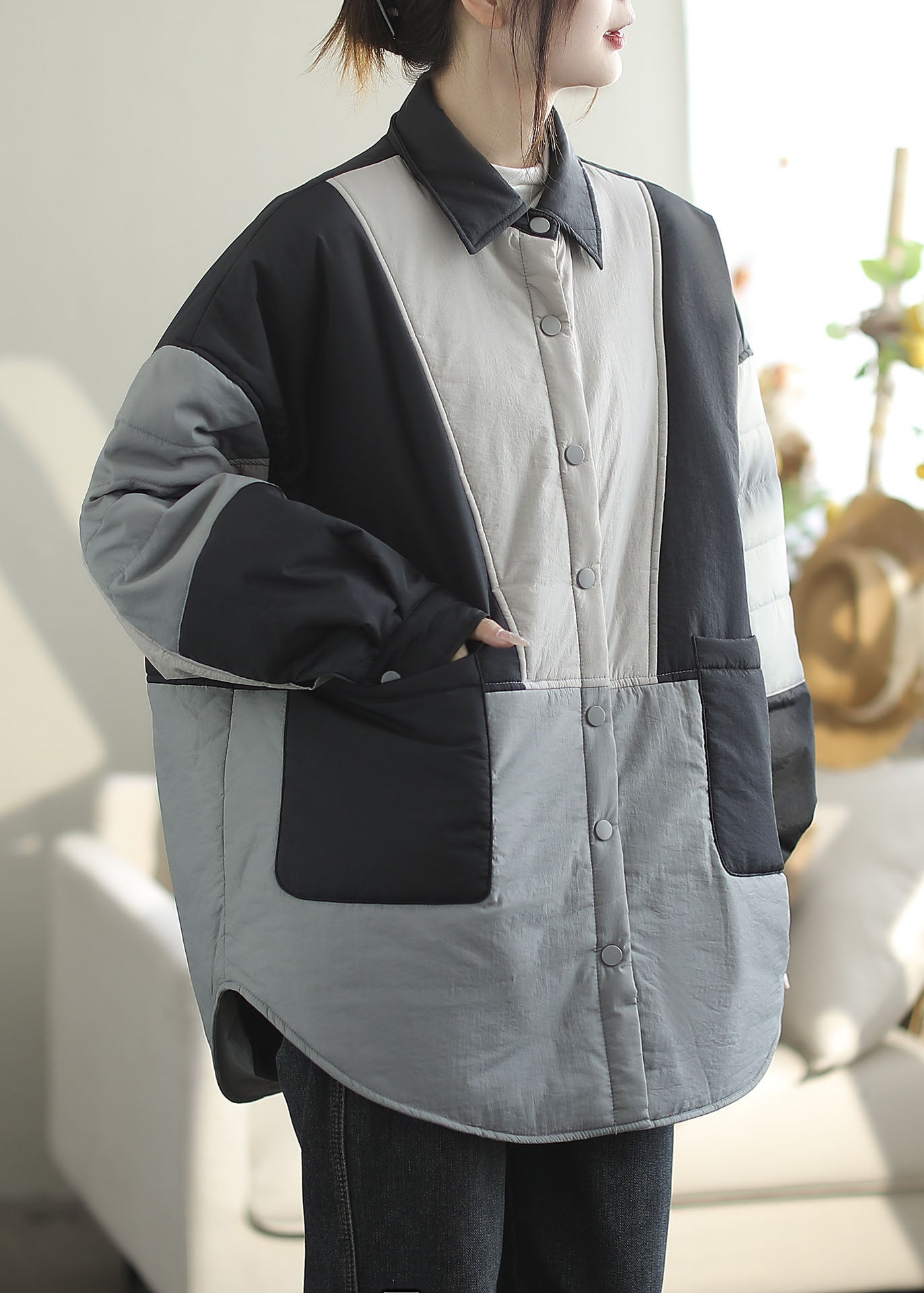 Casual Blue Peter Pan Collar Pockets Patchwork Fine Cotton Filled Coats Spring