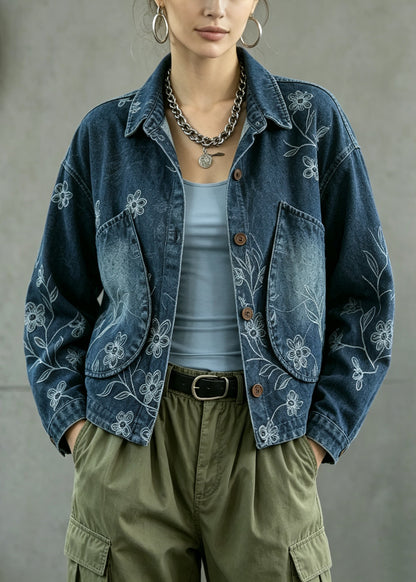 Casual Blue Peter Pan Collar Pockets Print Denim Coat Fall