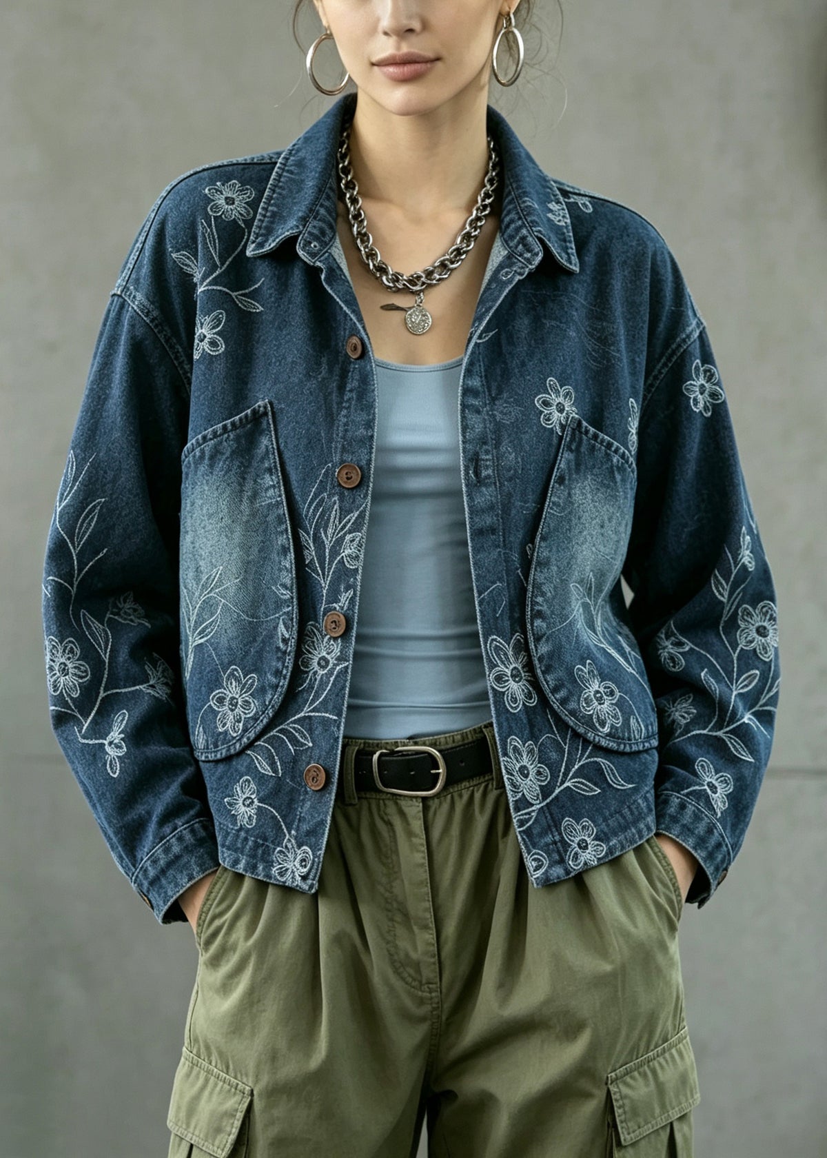 Casual Blue Peter Pan Collar Pockets Print Denim Coat Fall