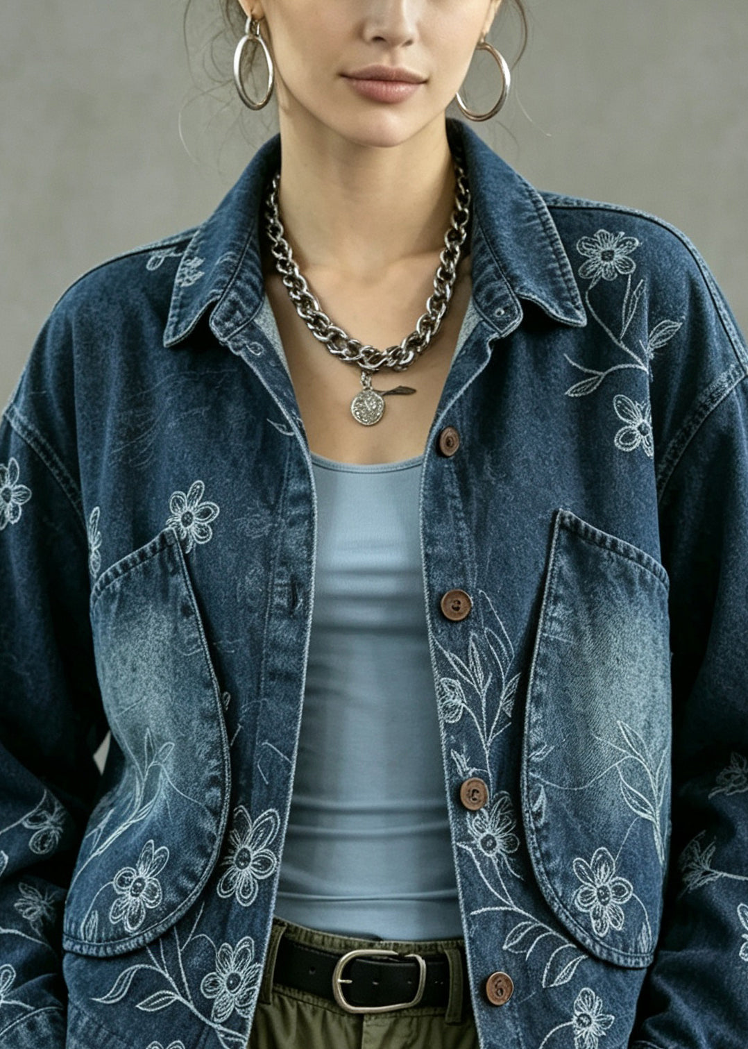 Casual Blue Peter Pan Collar Pockets Print Denim Coat Fall