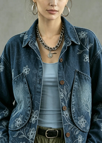 Casual Blue Peter Pan Collar Pockets Print Denim Coat Fall