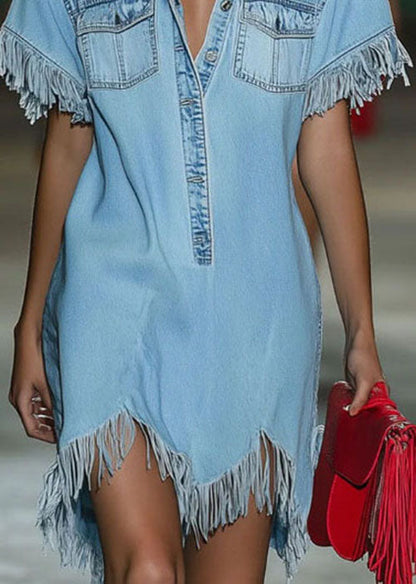 Casual Blue Peter Pan Collar Tassel Denim Shirts Dress Summer