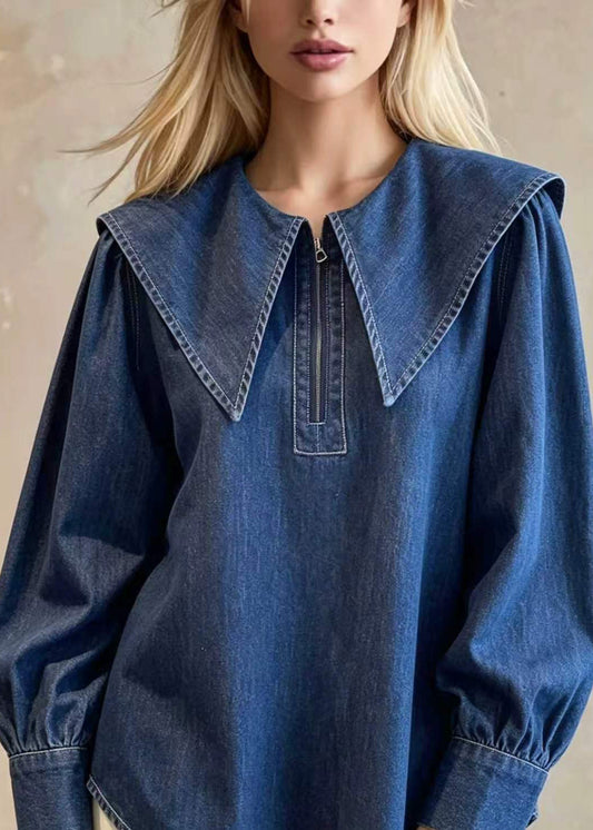Casual Blue Peter Pan Collar Zip Up Denim Top Fall