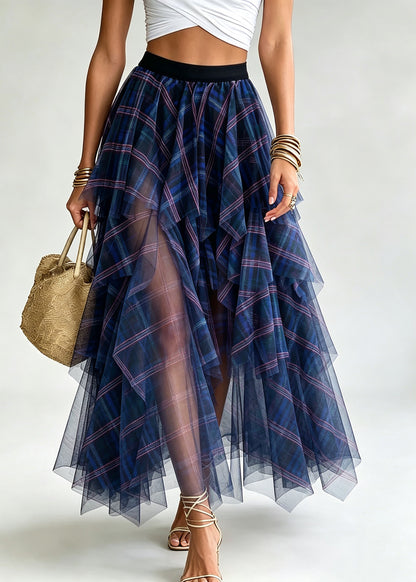 Casual Blue Plaid Elastic Waist Tulle A Line Skirts