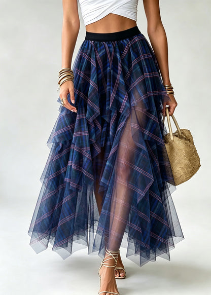 Casual Blue Plaid Elastic Waist Tulle A Line Skirts