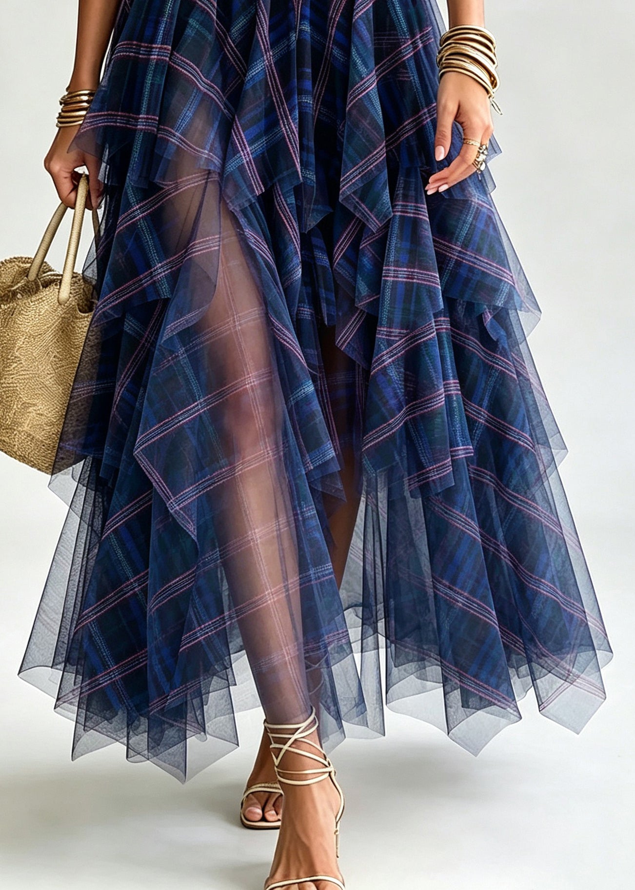 Casual Blue Plaid Elastic Waist Tulle A Line Skirts