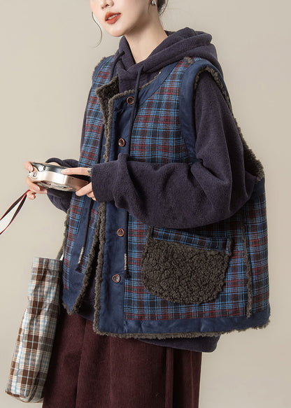 Casual Blue Plaid O-Neck Pockets Warm Faux Fur Waistcoat Winter