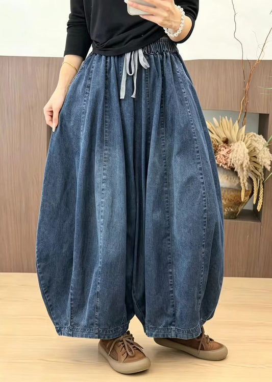 Casual Blue Pockets Drawstring Denim Lantern Crop Pants Fall