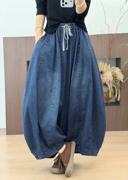 Casual Blue Pockets Drawstring Denim Lantern Crop Pants Fall