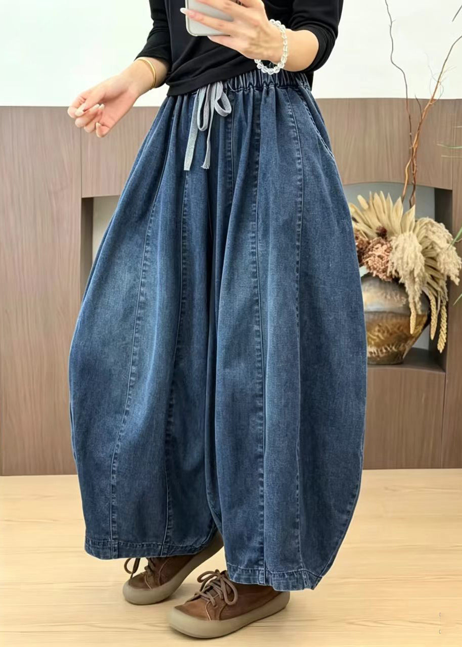 Casual Blue Pockets Drawstring Denim Lantern Crop Pants Fall