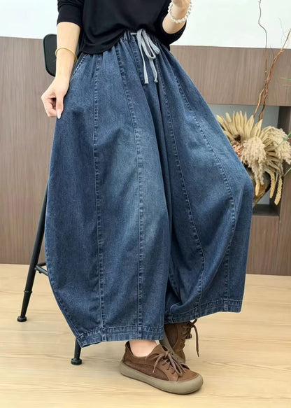 Casual Blue Pockets Drawstring Denim Lantern Crop Pants Fall
