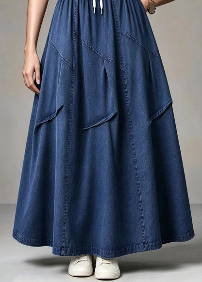Casual Blue Pockets Elastic Waist Drawstring Denim Skirts Fall