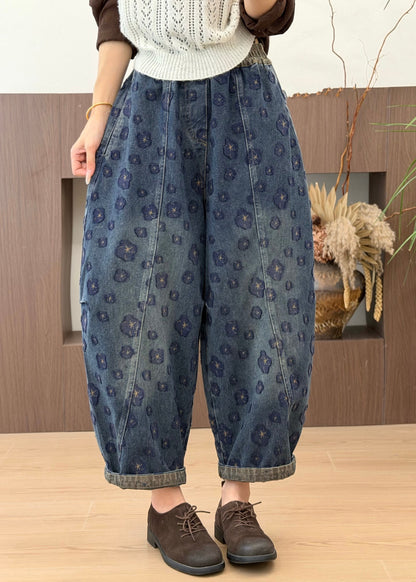 Casual Blue Pockets Jacquard Elastic Waist Denim Pants Fall