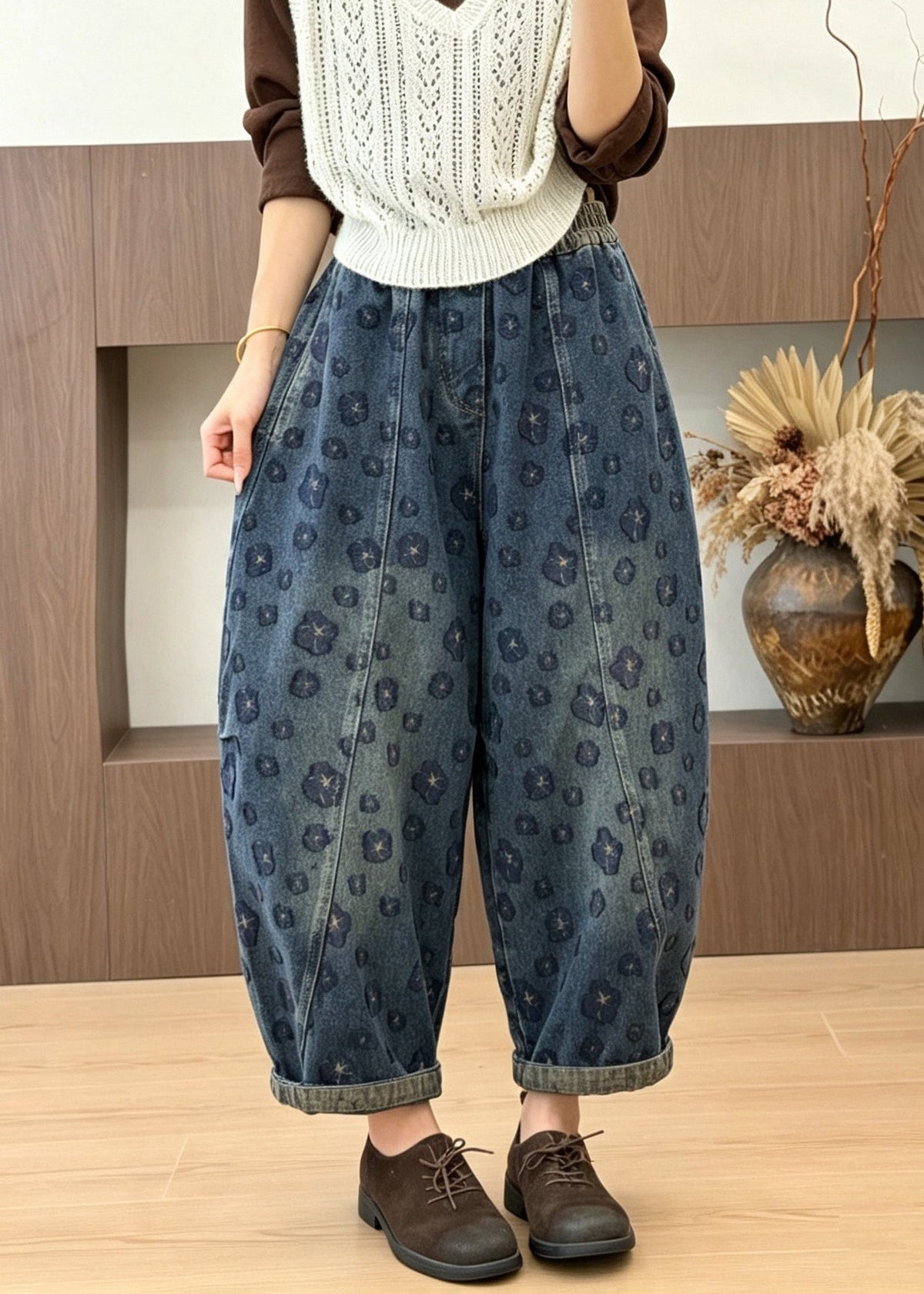 Casual Blue Pockets Jacquard Elastic Waist Denim Pants Fall
