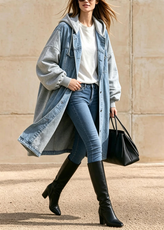 Casual Blue Pockets Patchwork Denim Hooded Coat Fall
