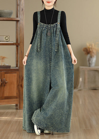 Casual Blue Pockets Patchwork Denim Strap Jumpsuits Wide Leg Pants