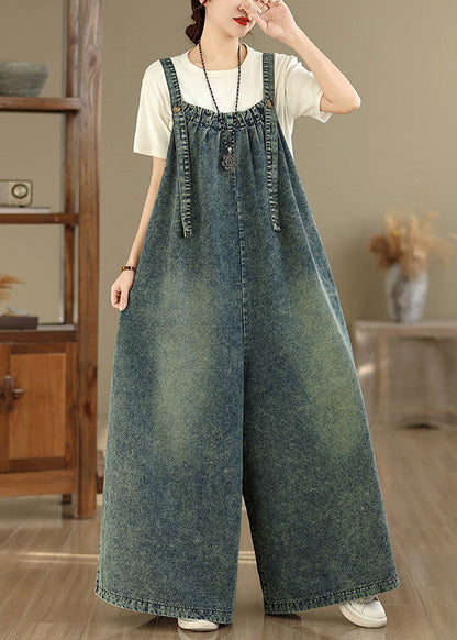 Casual Blue Pockets Patchwork Denim Strap Jumpsuits Wide Leg Pants