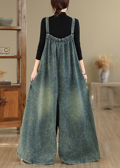 Casual Blue Pockets Patchwork Denim Strap Jumpsuits Wide Leg Pants