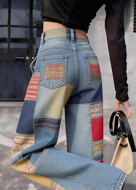 Casual Blue Pockets Patchwork High Waist Wide Leg Jeans