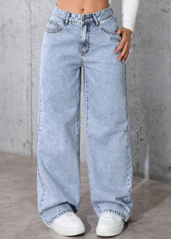 Casual Blue Pockets Patchwork Straight Jeans Fall