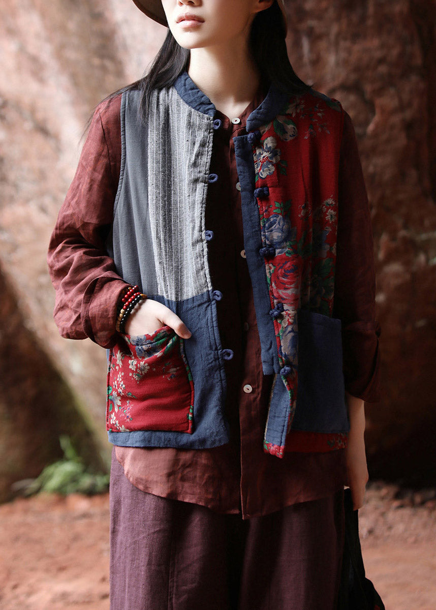 Casual Blue Pockets Patchwork Warm Fleece Waistcoat Sleeveless