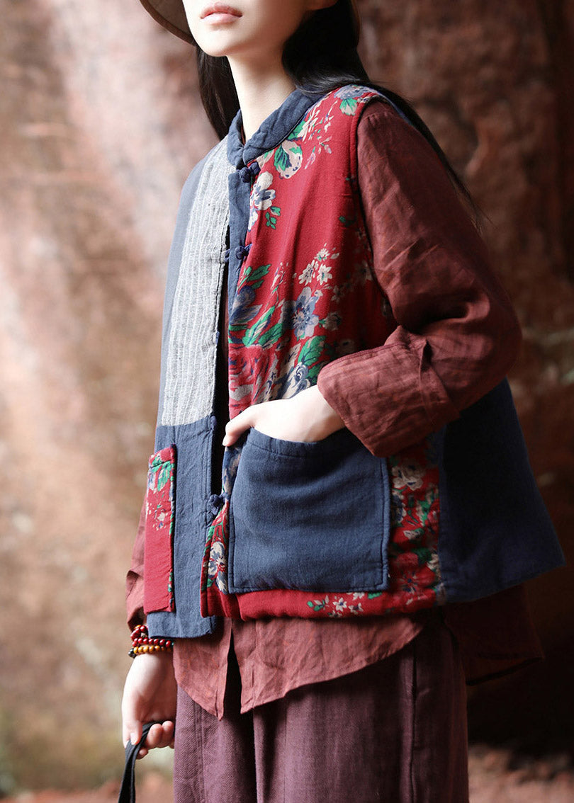 Casual Blue Pockets Patchwork Warm Fleece Waistcoat Sleeveless