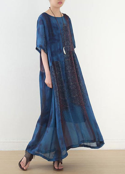 Casual Blue Print Chiffon Loose Spring Ankle Dress - SooLinen