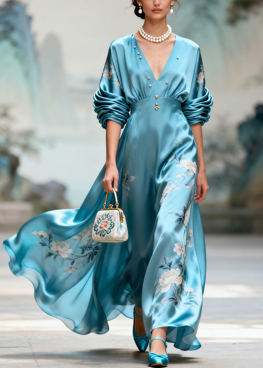 Casual Blue Print Exra Large Hem Nail Bead Silk Party Dresses Summer