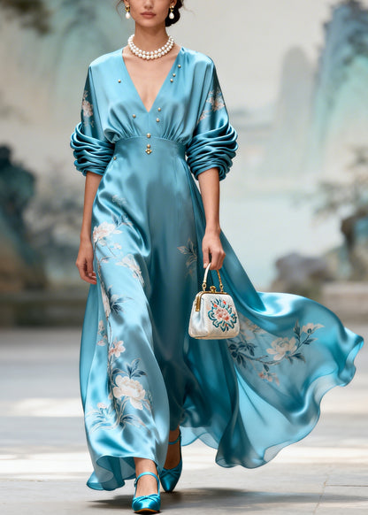 Casual Blue Print Exra Large Hem Nail Bead Silk Party Dresses Summer