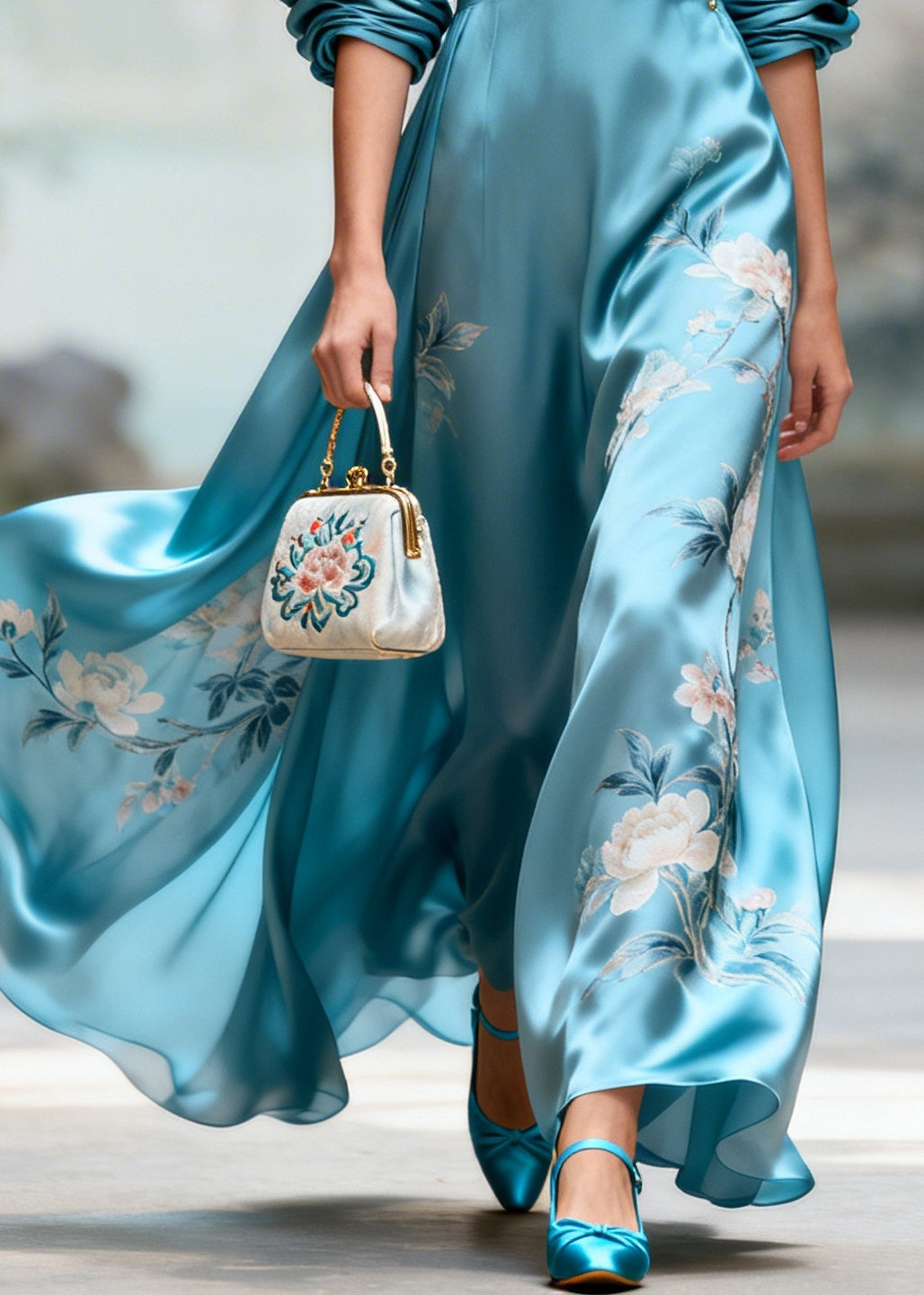 Casual Blue Print Exra Large Hem Nail Bead Silk Party Dresses Summer