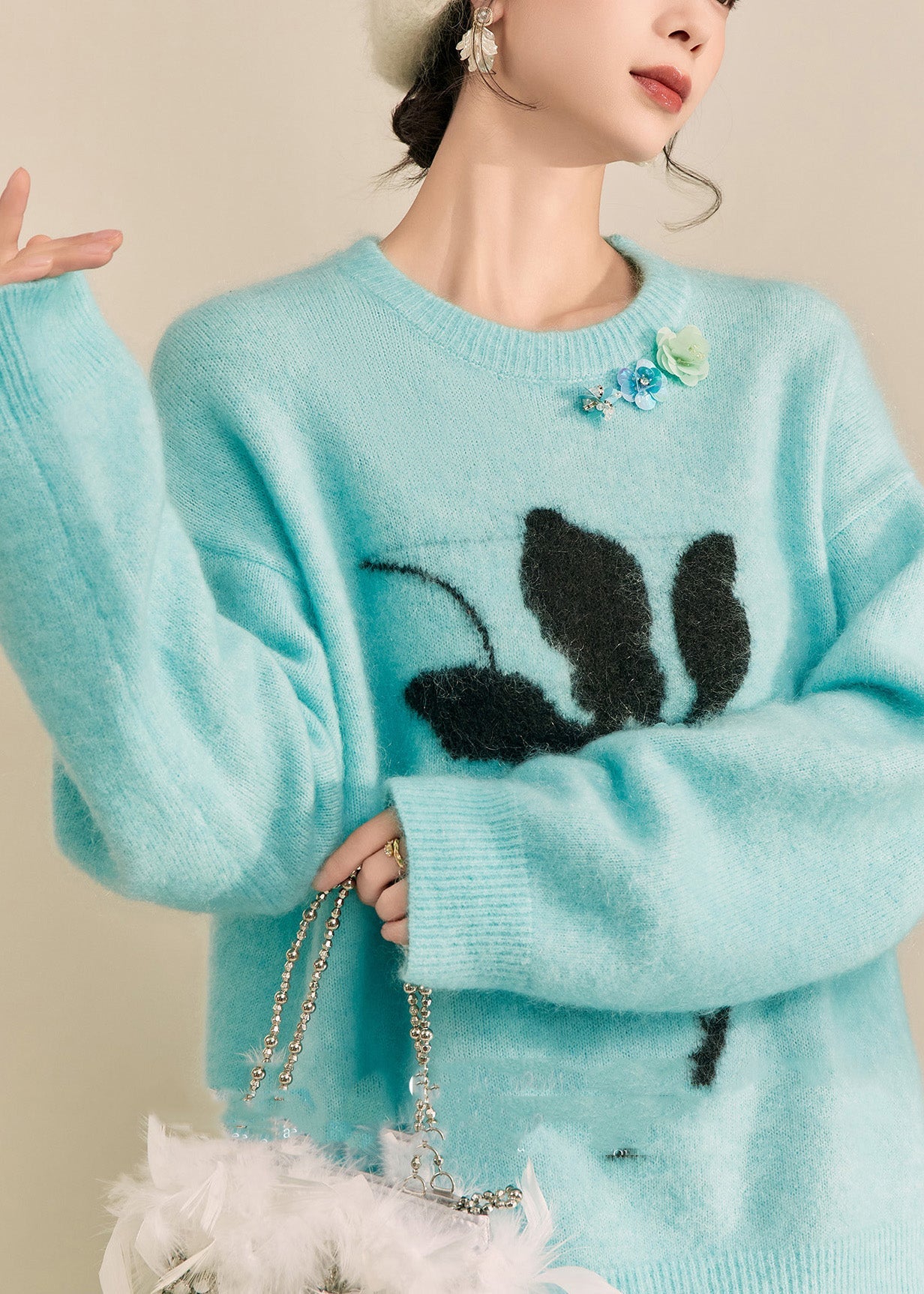 Casual Blue Print Patchwork Thick Cotton Knit Sweater Long Sleeve