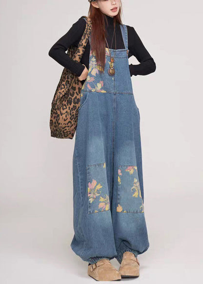 Casual Blue Print Pockets Patchwork Denim Jumpsuit Summer