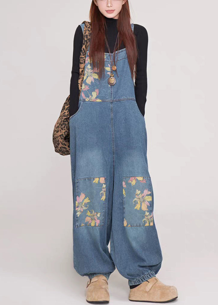 Casual Blue Print Pockets Patchwork Denim Jumpsuit Summer