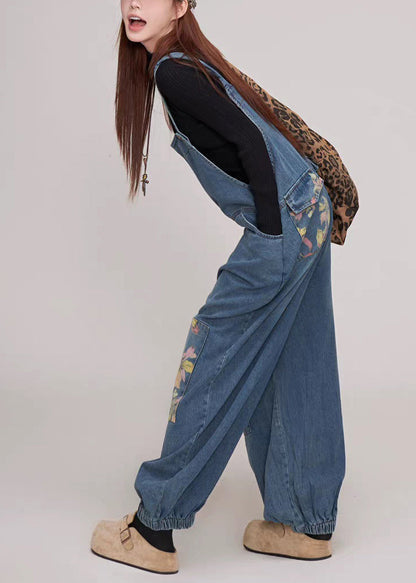 Casual Blue Print Pockets Patchwork Denim Jumpsuit Summer