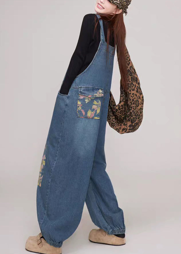 Casual Blue Print Pockets Patchwork Denim Jumpsuit Summer