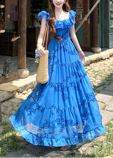 Casual Blue Ruffled Print Cotton Holiday Dress Summer