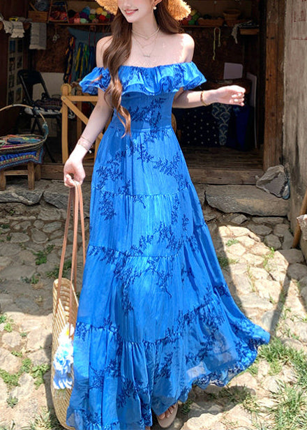 Casual Blue Ruffled Print Cotton Holiday Dress Summer